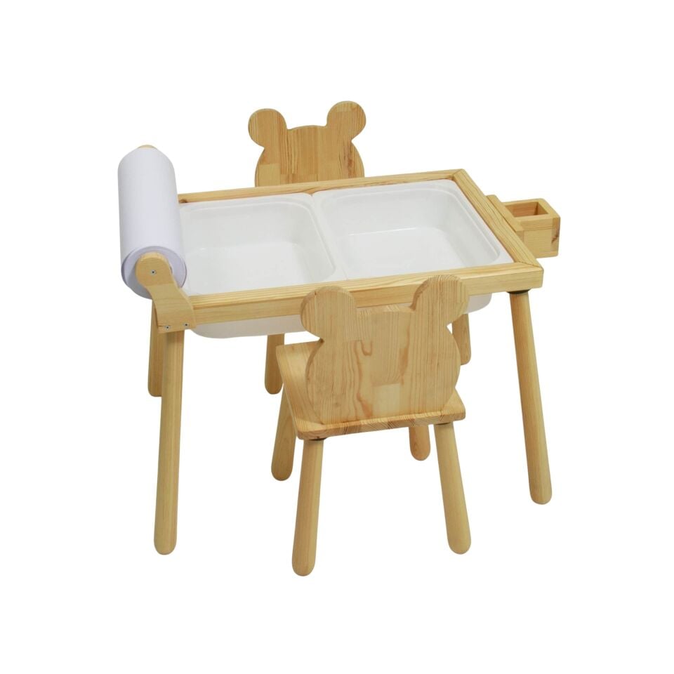 Rulo Aparatlı Doğal Ahşap Duyusal Çocuk Aktivite Masası Oyun Masası 2 Adet Ayı Sandalye
