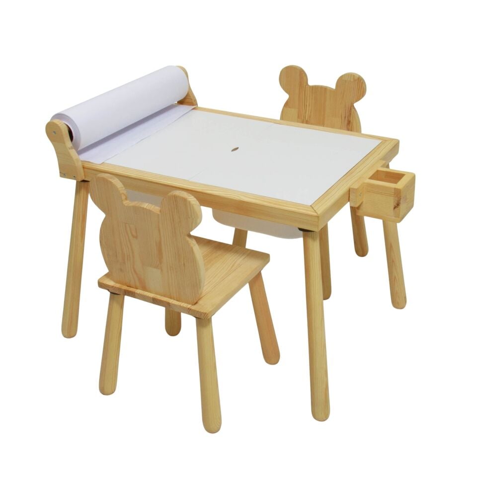 Rulo Aparatlı Doğal Ahşap Duyusal Çocuk Aktivite Masası Oyun Masası 2 Adet Ayı Sandalye