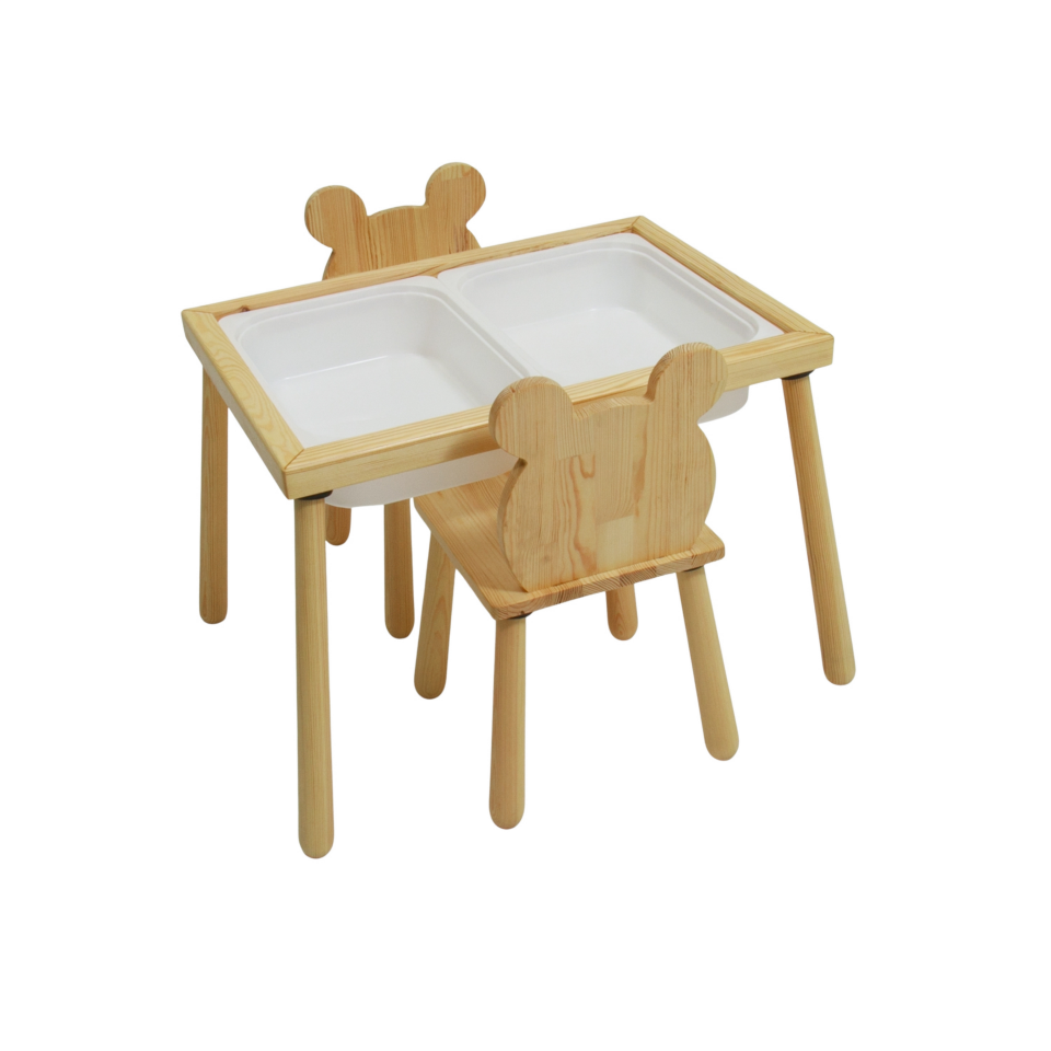 Ahşap Duyusal Çocuk Aktivite Masası Oyun Masası 2 Adet Ayı Sandalye