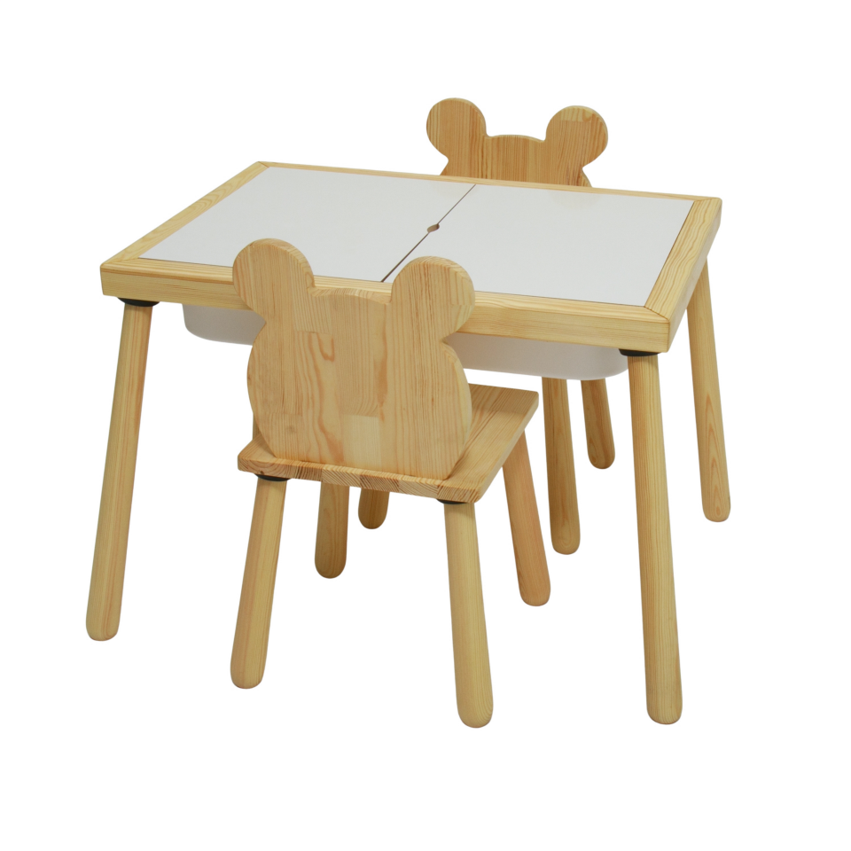 Ahşap Duyusal Çocuk Aktivite Masası Oyun Masası 2 Adet Ayı Sandalye