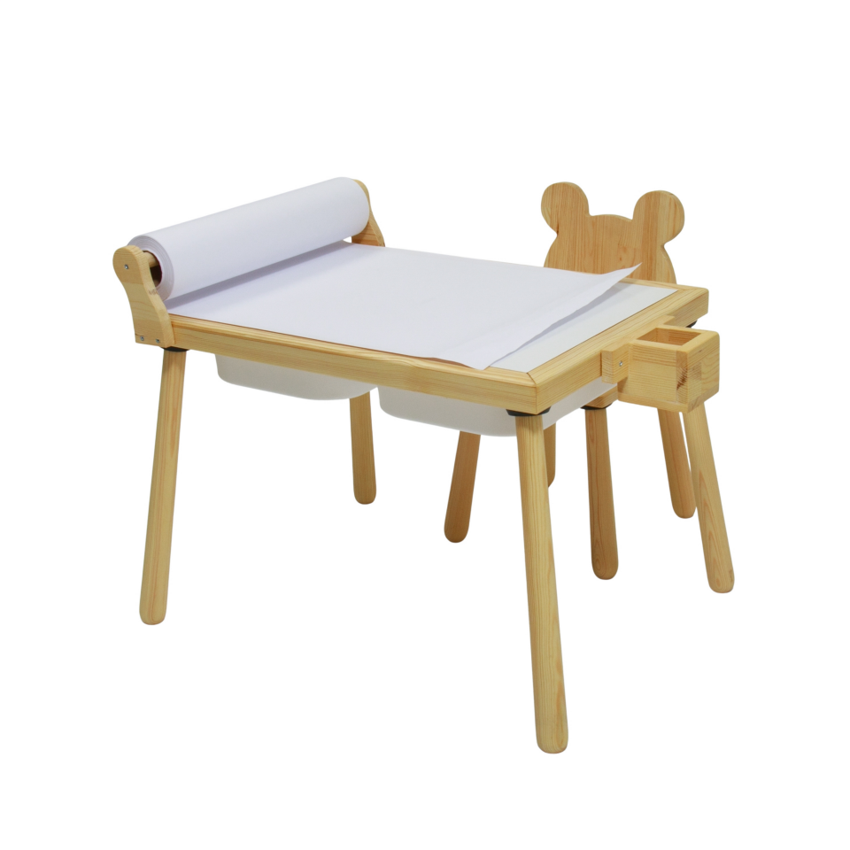 Rulo Aparatlı Doğal Ahşap Duyusal Çocuk Aktivite Masası Oyun Masası 1 Adet Ayı Sandalye